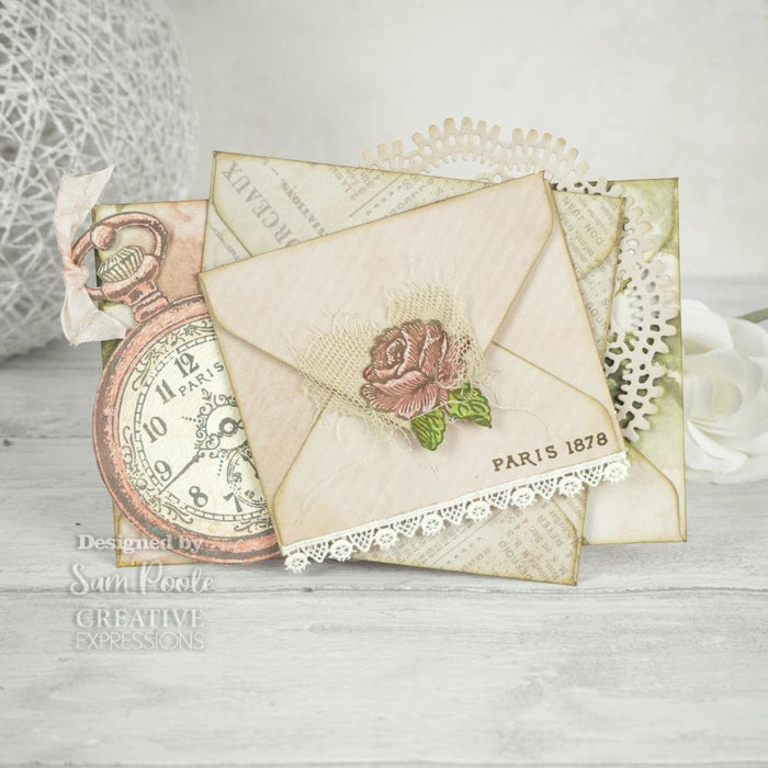Creative Expressions - Sam Poole  8"x8" in Paper Pad - 160gsm - Shabby Blooms. This 8x8 inch Shabby Blooms paper pad designed by Sam Poole includes 24 single sided pages featuring 12 unique designs. 160gsm, Acid free. Available at Embellish Away located in Bowmanville Ontario Canada. Example by Sam Poole.