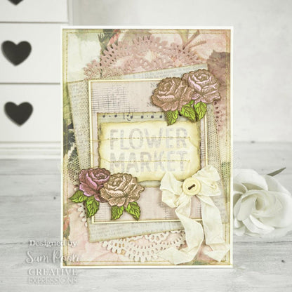 Creative Expressions - Sam Poole  8"x8" in Paper Pad - 160gsm - Shabby Blooms. This 8x8 inch Shabby Blooms paper pad designed by Sam Poole includes 24 single sided pages featuring 12 unique designs. 160gsm, Acid free. Available at Embellish Away located in Bowmanville Ontario Canada. Example by Sam Poole.