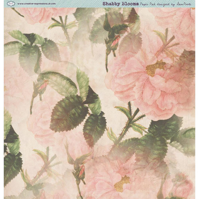 Creative Expressions - Sam Poole  8"x8" in Paper Pad - 160gsm - Shabby Blooms. This 8x8 inch Shabby Blooms paper pad designed by Sam Poole includes 24 single sided pages featuring 12 unique designs. 160gsm, Acid free. Available at Embellish Away located in Bowmanville Ontario Canada.