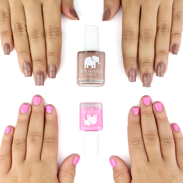 Mommy & Me Cup O'Latte and Pinkterest nail polish on an adult and child's hands