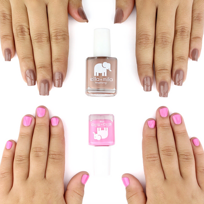 Mommy & Me Cup O'Latte and Pinkterest nail polish on an adult and child's hands