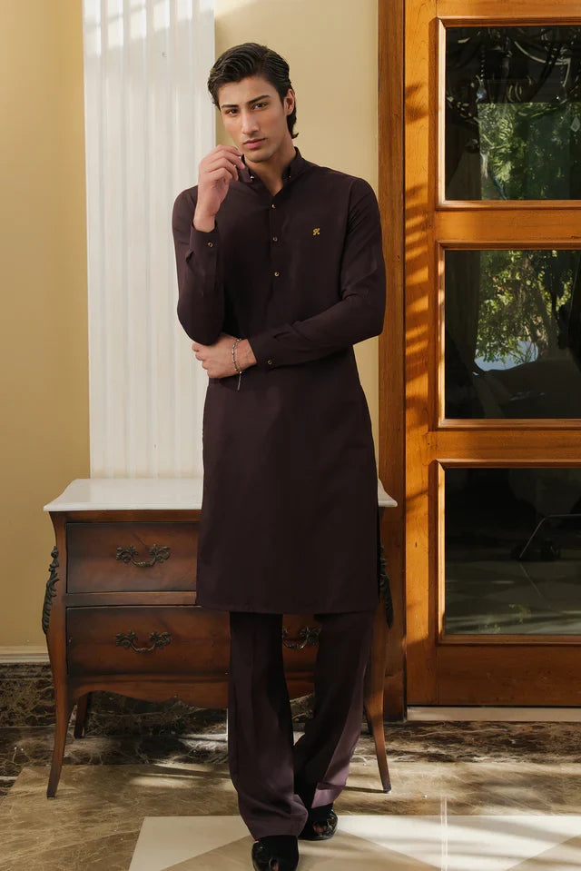 DARK BROWN CHAMBRAY WASH N WEAR KURTA PAJAMA