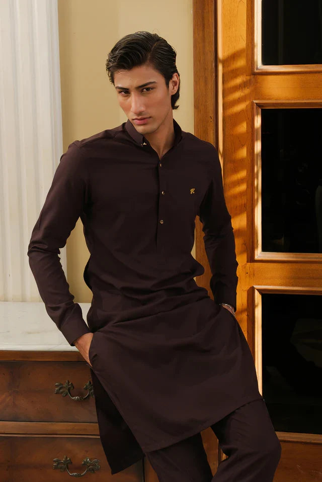 DARK BROWN CHAMBRAY WASH N WEAR KURTA PAJAMA