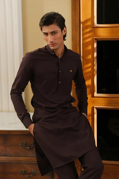 DARK BROWN CHAMBRAY WASH N WEAR KURTA PAJAMA