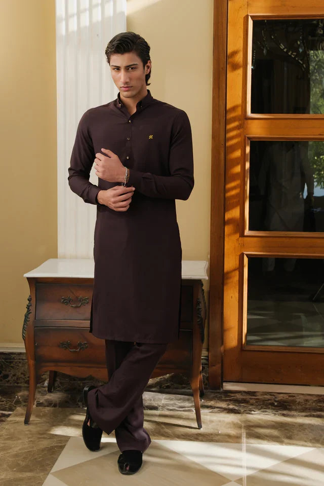 DARK BROWN CHAMBRAY WASH N WEAR KURTA PAJAMA