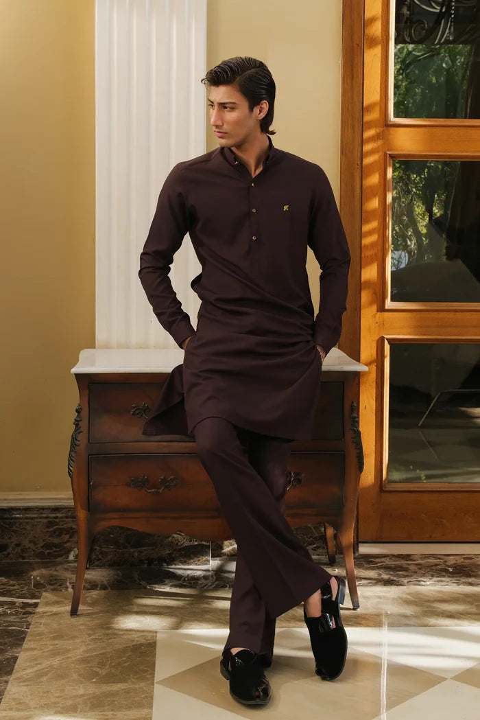 DARK BROWN CHAMBRAY WASH N WEAR KURTA PAJAMA