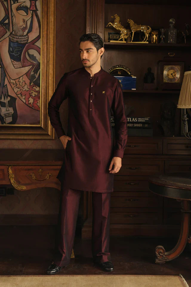 DARK MAROON TWO TONE WASH N WEAR KURTA PAJAMA
