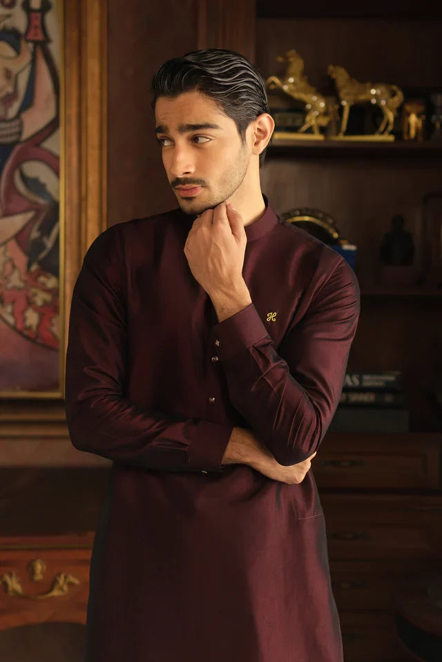 DARK MAROON TWO TONE WASH N WEAR KURTA PAJAMA