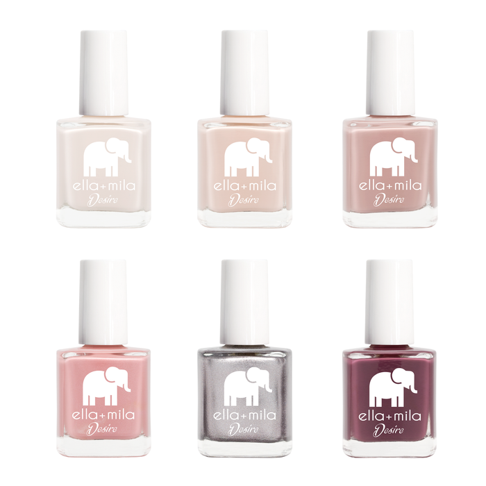 Desire Collection 6 nail polish bottles in nudes, mauve, grey and berry