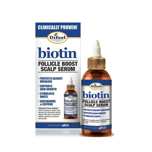 DIFEEL biotin follicle boost scalp serum bottle and box packaging showing benefits for hair growth