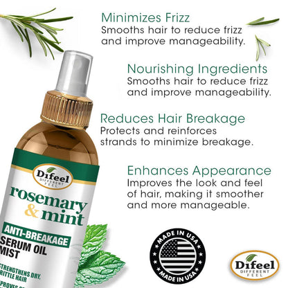 DiFeel rosemary mint hair serum anti breakage spray bottle with mint and rosemary graphics and benefits