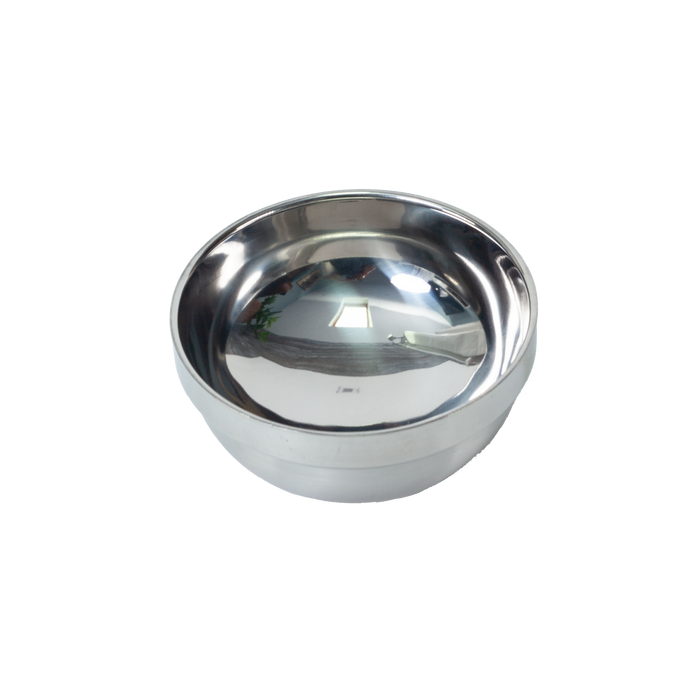 A shiny, silver stainless steel bowl with a mirror-finished interior and matte-satin finish on the exterior.