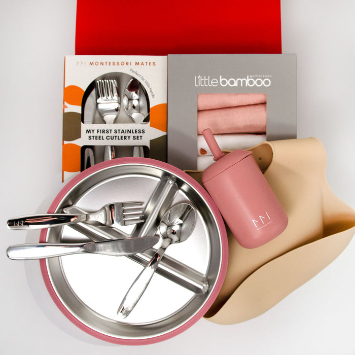Signature red box including: Montessori Mates Stainless steel and Silicone Divider Plate w' Lid
Montessori Mates Silicone Open Cup w' Straw
Montessori Mates Silicone Bib
Montessori Mates 6 Piece Stainless Steel Cutlery set
Little Bamboo Muslin Washer 6 Pack

Price: 135