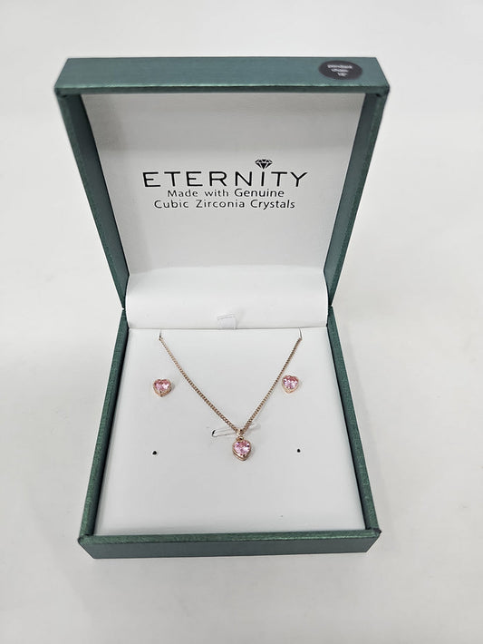 Eternity Cubic Zirconia Gold Pink Heart Necklace & Earrings Set
