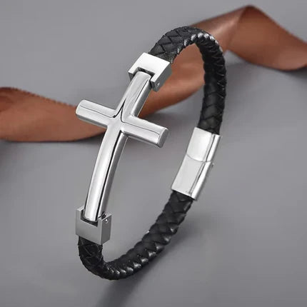 Flat Braided Leather and Large Cross Bracelet