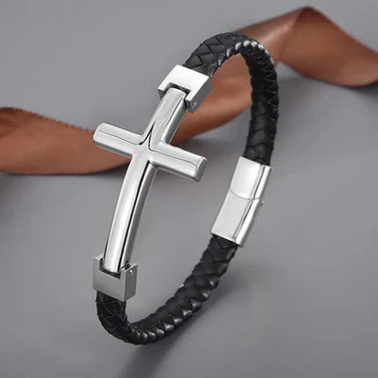Flat Braided Leather and Large Cross Bracelet
