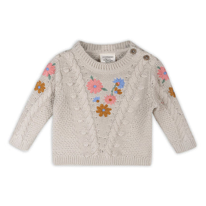 Floral Embroidered Chunky Knit Baby Pullover Sweater (Organic Cotton) - 2 Colors