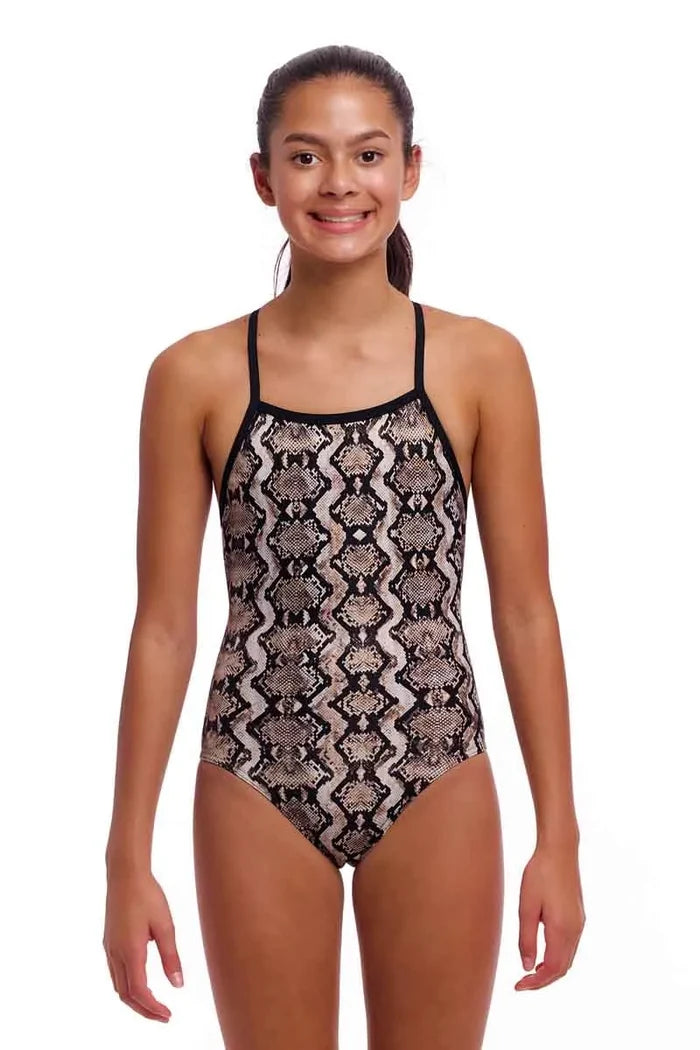 Funkita girls' rattle racer one-piece swimsuit in gold and black, featuring a sporty tie-me-tight design and vibrant pattern.