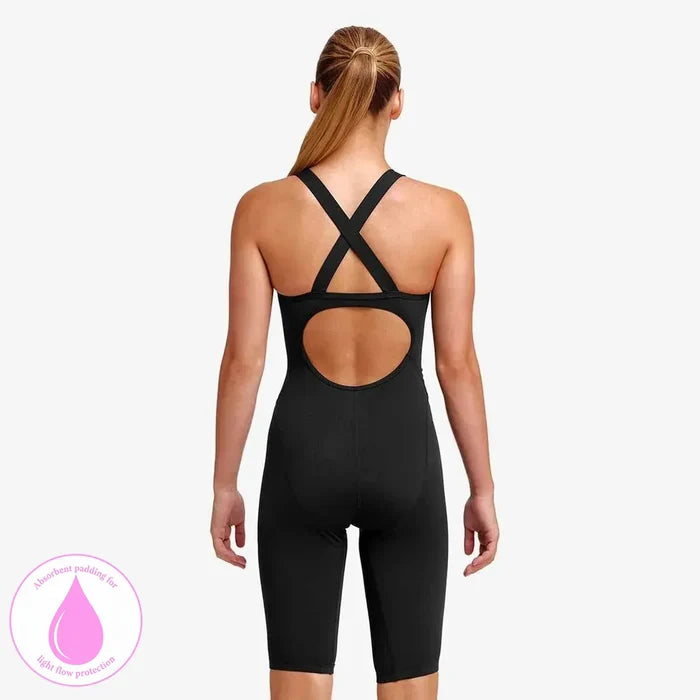 Funkita Girls Still Black fast secure one-piece swimsuit, black kneesuit designed for swimming, featuring a sleek, streamlined fit.