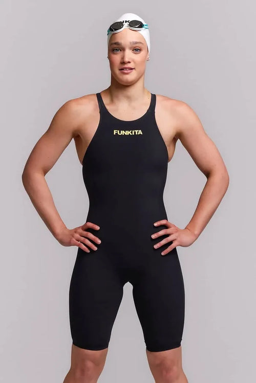 Funkita Ladies Black Attack Apex Viper Kneesuit in black, designed for competitive swimming, featuring a sleek, fitted style.