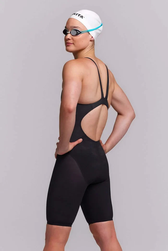 Funkita Ladies Black Attack Apex Viper kneesuit in black, showing sleek design and fitted fabric for competitive swimming.