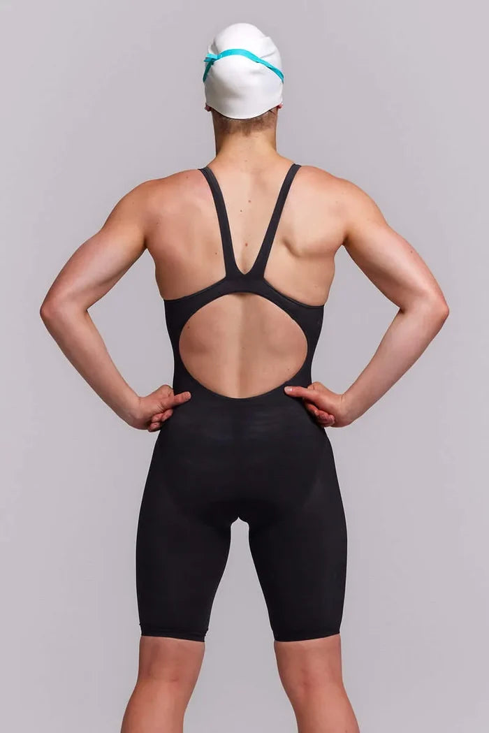Funkita Ladies Black Attack Apex Viper Kneesuit in black, close-up of the sleek, form-fitting swimwear designed for competitive swimming.
