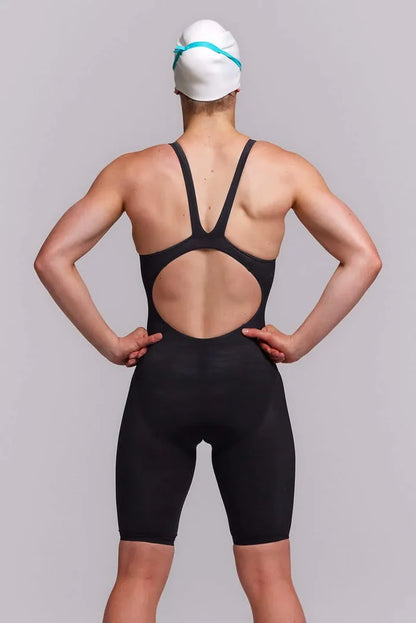 Funkita Ladies Black Attack Apex Viper Kneesuit in black, close-up of the sleek, form-fitting swimwear designed for competitive swimming.