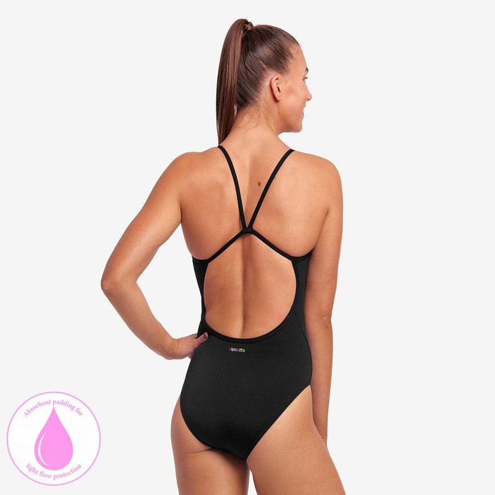 Black Funkita Ladies Still Swim Secure One Piece Swimsuit displayed on a model, showcasing the sleek, fitted design for women.