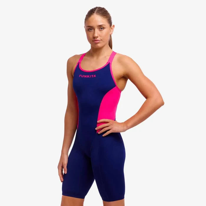 Funkita Ladies Tidal Blast fast training one-piece kneesuit in navy and pink, designed for swimming and water sports.