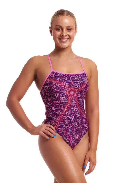 Funkita Ladies Walk Together Strapped In One Piece Swimsuit in pink and multi-color, featuring a supportive strap design for swimming.