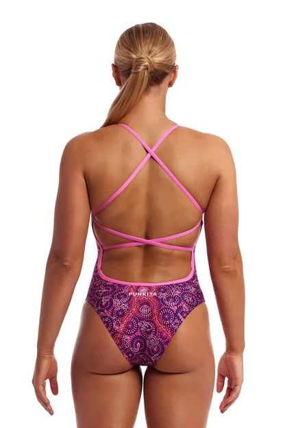 Funkita Ladies Walk Together Strapped In One Piece Swimsuit in pink and multi-color, featuring a supportive strap design and vibrant pattern.