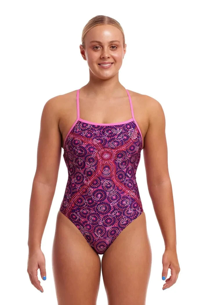 Funkita Ladies Walk Together Strapped In One Piece Swimsuit in pink and multi-colored design, featuring a supportive strap detail.