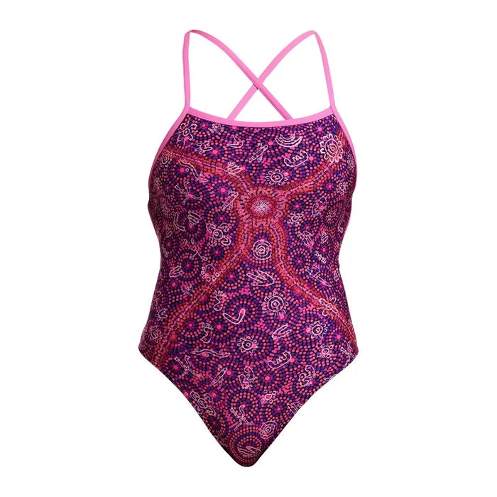 Funkita Ladies Walk Together Strapped In One Piece Swimsuit in pink and multi-color, featuring a stylish, supportive design for swimming.