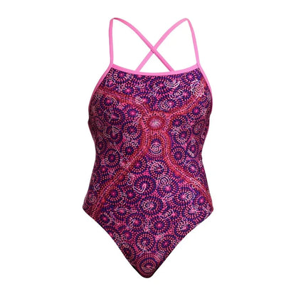 Funkita Ladies Walk Together Strapped In One Piece Swimsuit in pink and multi-color, featuring a stylish, supportive design for swimming.