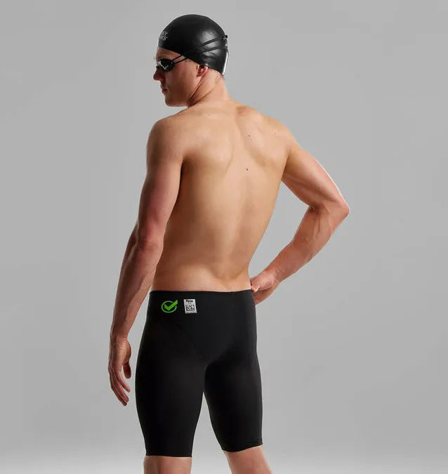 Funky Trunks men's black Attack Apex Viper jammer swimwear, close-up view of the sleek black swim jammers with brand logo.