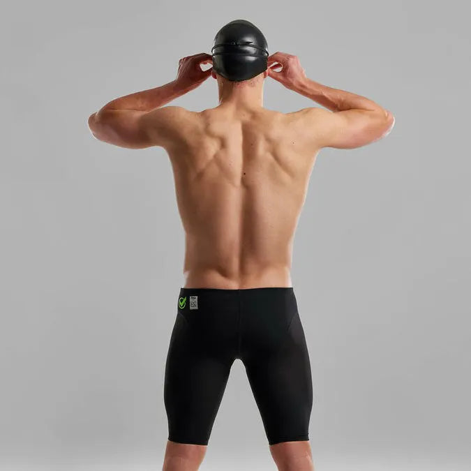 Funky Trunks men's black Attack Apex Viper jammer swimwear, close-up view of the black swim jammers with branding details.