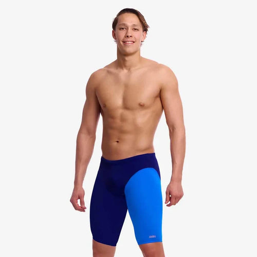 Funky Trunks men's pressure point fast training jammer in navy and royal blue, designed for competitive swimming.