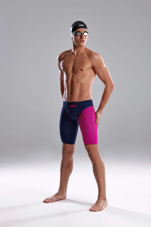 Funky Trunks men's Tidal Blast Apex Viper jammer swim trunks in navy and pink, featuring a sleek design and comfortable fit.