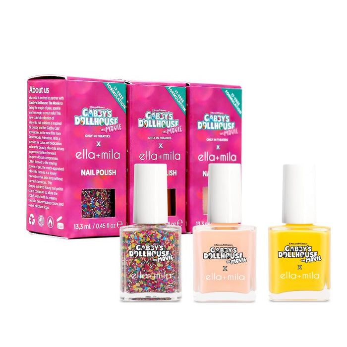 Gabby's Dollhouse Abso-sprinkle-lutely! Set: confetti glitter, peach and yellow nail polish bottles with boxes – ella+mila