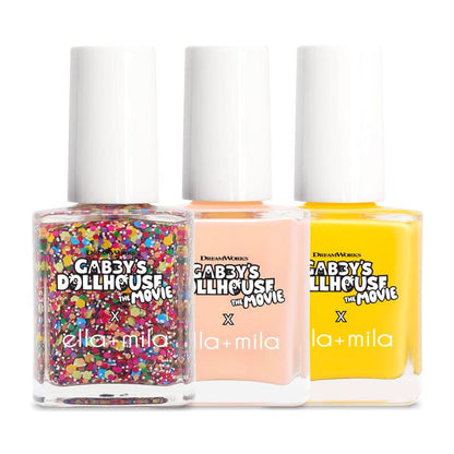 Gabby's Dollhouse Abso-sprinkle-lutely! Set 3 nail polish bottles: rainbow confetti glitter, peach and yellow