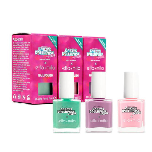 Gabby's Dollhouse Magical Shimmer Set: mint, lilac and pink shimmer nail polish bottles with boxes – ella+mila