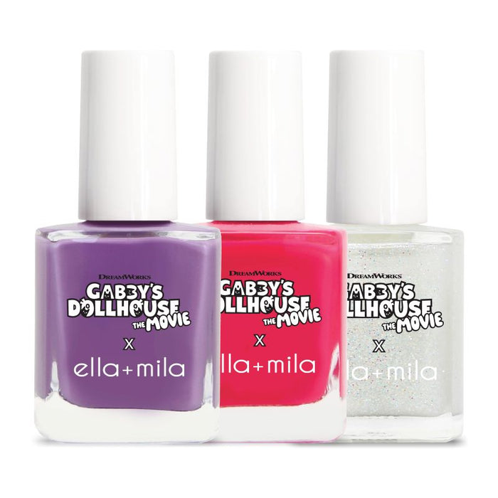Gabby's Dollhouse Pinch Pinch! Set 3 nail polish bottles: purple, hot pink and silver glitter