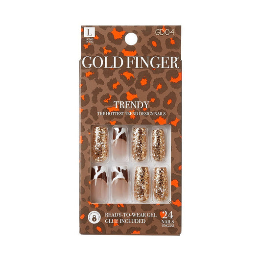 Gold Finger trendy press on nails IVY BEAUTY by KISS leopard print packaging with gold glitter and nude brown design