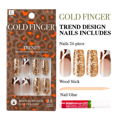 IVY BEAUTY by KISS Gold Finger trendy press on nails set with gold glitter and brown white animal print tips