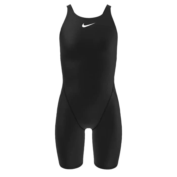 Nike Girls Hydrastrong Strive kneesuit in black, athletic one-piece with Nike logo and fitted design for active wear.