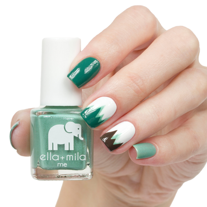 Glitter Me Green teal nail polish with white and green chevron accent nail art