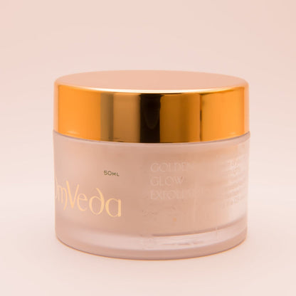 Golden Glow revitalising exfoliant 50 ml jar close-up with gold lid by OmVeda