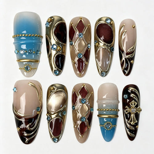 Long almond press‑on nails, gothic blue gradient burgundy rhombus gold cross cyan rhinestone fake nails
