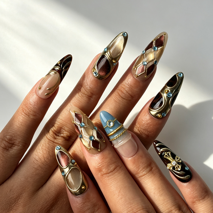 Goth Azure gothic press‑on nails on‑hand, cosplay theme‑party manicure