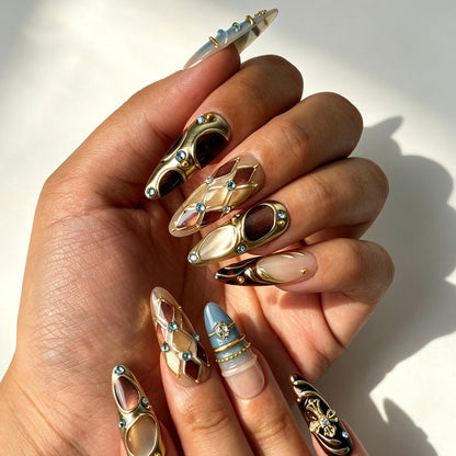 Gothic aesthetic long almond reusable false nails blue gradient burgundy rhombus pattern